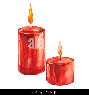 Acquerello clipart natale - candele rosse isolato su sfondo bianco. Foto Stock