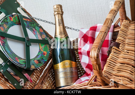 Preparazioni da picnic con bottiglia di Cremant d'Alsace in cesto da picnic con tipica tovaglia a scacchi Foto Stock