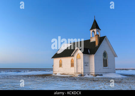 Punto di unione Chiesa unita, una chiesa abbandonata in ghosttown punto di unione, Manitoba, Canada. Foto Stock