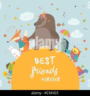 Happy animals passeggiate nel parco di autunno Illustrazione Vettoriale