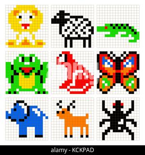 Pixel Art animali set di vettore. Illustrazione Vettoriale
