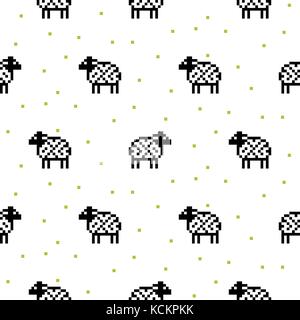Pecore in bianco e nero cartoon pixel art seamless pattern. Illustrazione Vettoriale