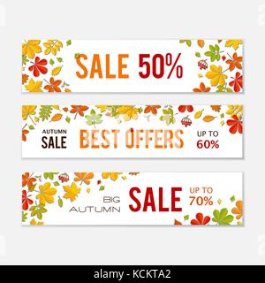 Vendita banner impostato con Bright Foglie di autunno isolati su sfondo bianco. Illustrazione Vettoriale