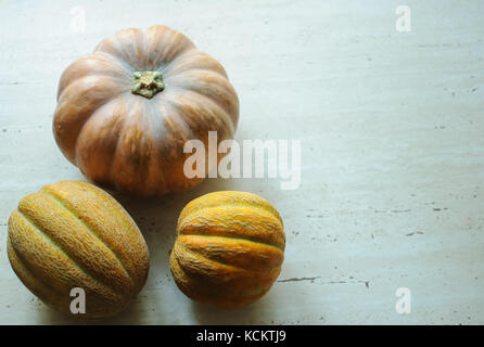 Halloween punpkin e meloni sfondo con vuoto spazio copia. messa a fuoco selettiva e bokeh di fondo. Foto Stock