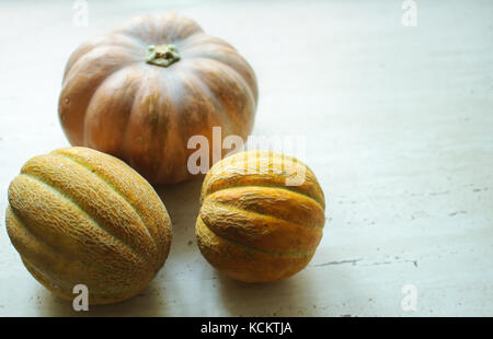 Halloween punpkin e meloni sfondo con vuoto spazio copia. messa a fuoco selettiva e bokeh di fondo. Foto Stock