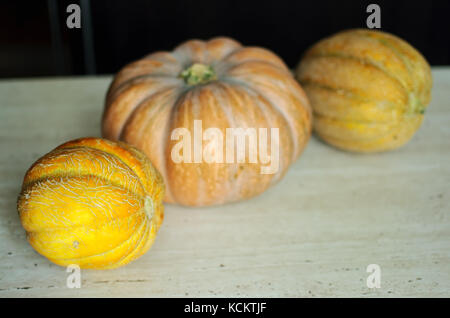 Halloween punpkin e meloni sfondo con vuoto spazio copia. messa a fuoco selettiva e bokeh di fondo. Foto Stock