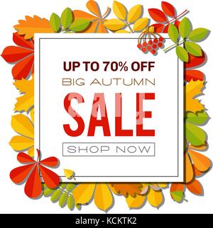 Vendita banner con Bright Foglie di autunno isolati su sfondo bianco. Illustrazione Vettoriale