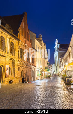 Vilnius, Lituania - 8 luglio 2016: facciate illuminate di antichi edifici sul famoso Pilies street della citta vecchia di notte, popolare showplace sotto summ Foto Stock