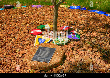 Pietre dipinte intorno a un albero commemorativo della Cumberland University di Lebanon, Tennessee, USA Foto Stock