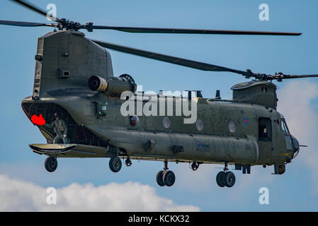 RAF Chinook HC4 display in elicottero al Dunsfold ali e le ruote, Airshow Regno Unito il 26 agosto 2017. Foto Stock