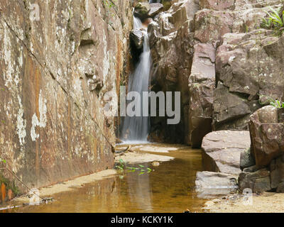 Una cascata e un rivuletto su uno dei percorsi per mountain bike Blue Derby. Derby, vicino Scottsdale, Tasmania nord-orientale, Australia Foto Stock