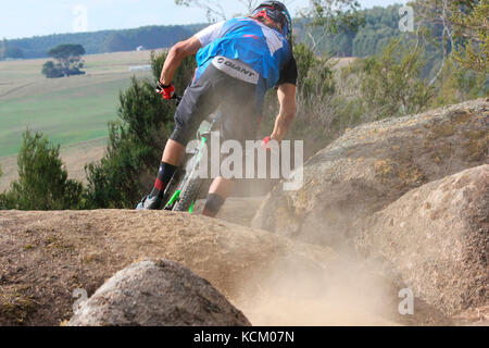 Concorrente nel round 2 della gara di mountain bike Enduro World Series su pista Blue Derby. Tasmania, Australia Foto Stock