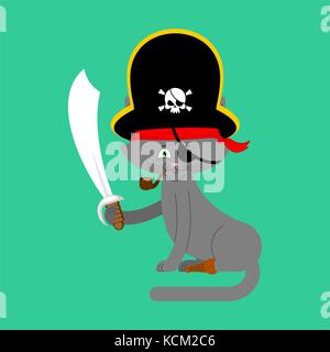 Gatto pirata. home pet da buccaneer. filibuster hat e tubo di fumo. gamba di legno. illustrazione vettoriale. Illustrazione Vettoriale