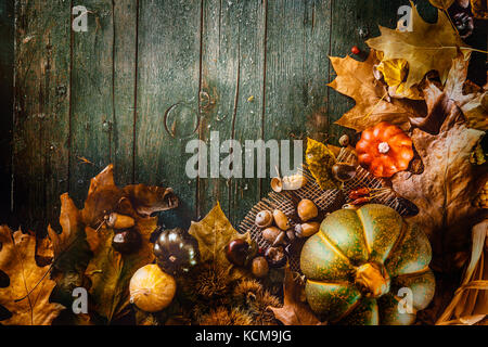 La Giornata del ringraziamento a cena. autunno frutti e foglie.. ringraziamento autunno sfondo Foto Stock