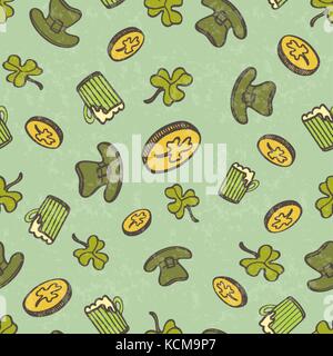 San Patrizio seamless pattern con monete, coperchio, boccale di birra e leprechaun hat Illustrazione Vettoriale