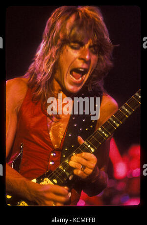 Randy Rhoads in diretta con la band Ozzy Osbourne sulla Blizzard Of Ozz Tour alla Long Beach Arena di Long Beach, California USA, il 27 giugno 1981. Foto © Kevin Estrada / Media Punch Foto Stock