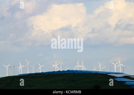 Paesaggio con wind farm vicino alla città di Magdeburgo, Germania. Foto Stock