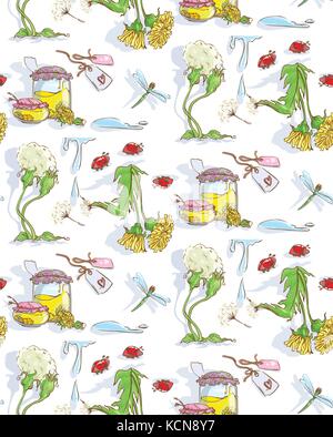 Vector tarassaco con libellula, tarassaco marmellata, ladybugs ed etichette in stile vintage. Illustrazione Vettoriale