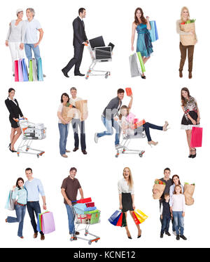 Shopping persone con borse e ceste. Isolato su bianco Foto Stock