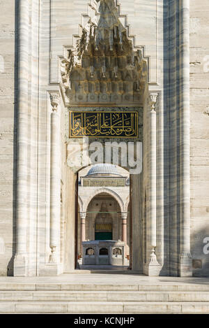 La Moschea di Suleymaniye esterno porta ingresso con abluzione fontana mostra, Istanbul, Turchia Foto Stock