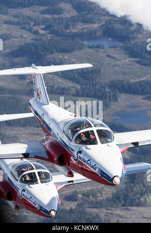 Canada's tudor volo dimostrativo team, snowbirds, vola su montagne in strathcona park. Foto Stock