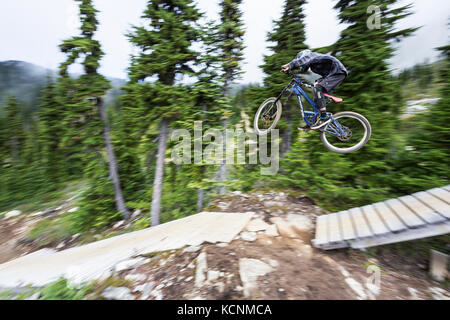 Un mountain bike va in aria su uno dei Mt. Washington sentieri, la Comox Valley, Vancouver Island, Brinish Columbia, Canada Foto Stock