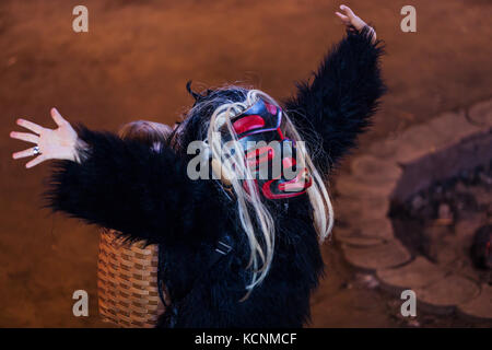 Un primo ballerino nazioni Indossa il costume di Dzunukwa ed esegue per un pubblico a giorni aborigena nel Komok's bighouse, Comox, il Comox Valley Foto Stock