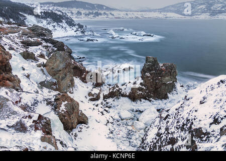 Inverno, comunità di pesca della trota di fiume, Parco Nazionale Gros Morne, Terranova e Labrador Foto Stock