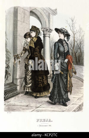 Illustrazione tratta da "Freja Illustrerad Skandinavisk Modetidning" nel 1881, che mostra le tendenze della moda scandinava della fine del XIX secolo. Questa rivista è stata una fonte importante per la moda in Svezia e nella più ampia regione nordica durante quel periodo. Foto Stock
