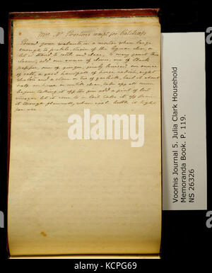 Un libro di memorandum di famiglia del 1820 circa tenuto da Julia Clark, parte della Clark Family Collection, che documenta i documenti domestici giornalieri. Foto Stock