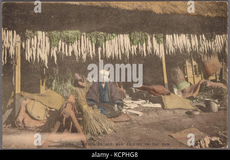 Essiccamento ravanelli. Un vecchio uomo crogiolarsi al sole (NYPL ADE 2360112 4043911) Foto Stock