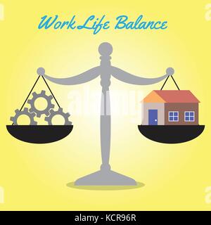 Work Life Balance come scala di grigi viene pesata grigio scuro ruote dentate di sinistra e di un accogliente casa sulla destra ugualmente su sfondo giallo Illustrazione Vettoriale