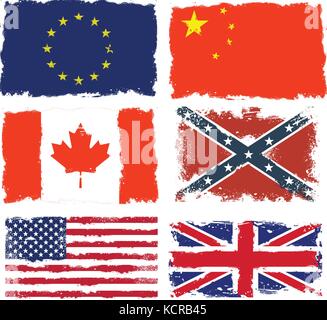 Set di squallido bandiere di Canada, Cina, esercito confederato, Unione europea, Gran Bretagna e Stati Uniti d'America Illustrazione Vettoriale