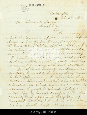 Contemporary copia della lettera firmata C. Gibson, Washington, per l'on. Edwin M. Stanton, Secy. di guerra, 3 ottobre 1862 Foto Stock