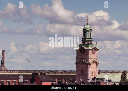 Chiesa di San Nicola, storkyrkan, close-up della sua torre. a Stoccolma, Svezia. Foto Stock