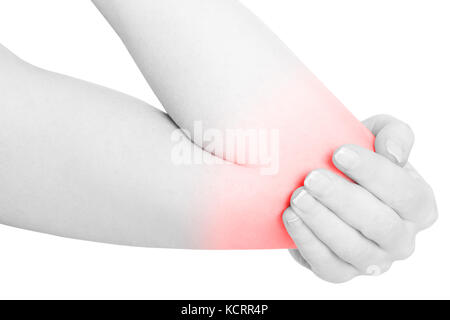 Donna mano azienda gomito doloroso isolato su bianco, tracciato di ritaglio Foto Stock
