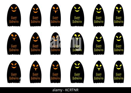 Halloween ghost con iscrizione happy Halloween, set di vettore black ghosts halloween, vacanze elementi di decorazione in arancione e giallo Illustrazione Vettoriale