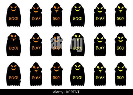 Halloween ghost con iscrizione boo, set di vettore black ghosts halloween, vacanze elementi di decorazione in arancione e giallo Illustrazione Vettoriale