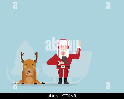 Santa Claus ascoltando musica con i cervi design piatto cartoon illustrazione vettoriale Illustrazione Vettoriale