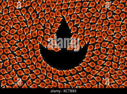 Foto di stock di diwali bigliettino mostra vista dall'alto di molti diyas illuminato o lampade a olio o panti formando la forma di diya con felice Diwali testo Foto Stock