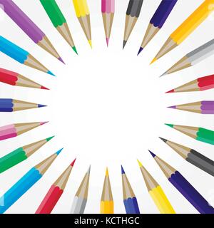 Brochure scuola di poster, torna a scuola vettore. Pencil Matita colorata con copyspace vuota. illustrazione di matite colorate in forma rotonda telaio Illustrazione Vettoriale