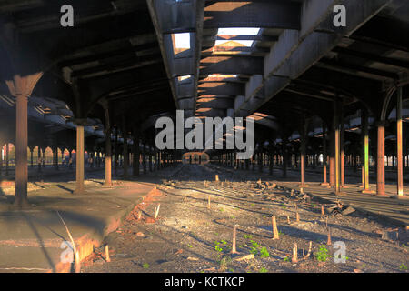 Abbandonato capanno ferroviario di ex Ferrovia Centrale del New Jersey Terminal.Liberty state Park.New Jersey. STATI UNITI Foto Stock