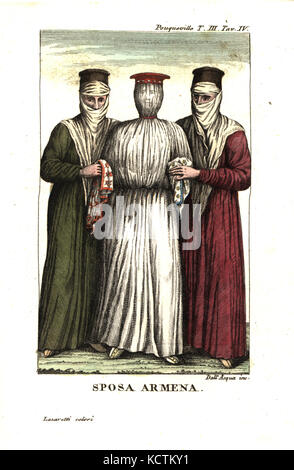 Sposa armena avvolto in un sacco, supportato da due delle sue relazioni più vicina. Illustrazione da Francois Pouqueville viaggi attraverso ulteriori, in Albania e in diverse altre parti dell'Impero Ottomano, 1805. Incisione su rame da Dell'Acqua handcolored da Lazaretti da Giovanni Battista Sonzogno la raccolta dei più interessanti Viaggi (Raccolta de Viaggi piu interessanti), Milano, 1815-1817. Foto Stock