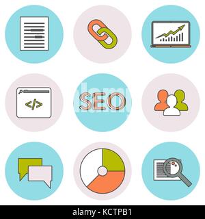 Seo linea set di icone. Illustrazione Vettoriale