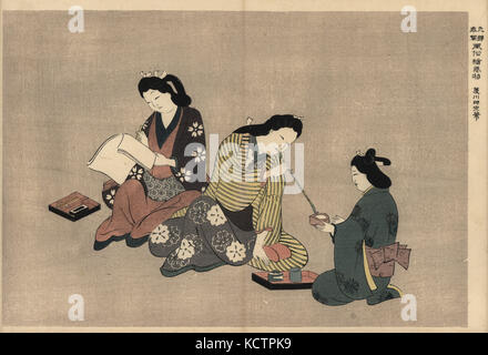 Cortigiane rilassante scrivendo la poesia e il tabacco da fumo tubi nel piacere trimestri. Una cameriera kamuro detiene un posacenere. Woodblock print da Hishikawa Moronobu (1618-1694) da Fuzoku Emakimono, scorrimento immagine dell'acqua Commercio, Tokyo, ristampa di circa 1880. Foto Stock