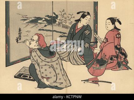 L'artista Masanobu Okumura in bicchieri firma il suo nome a un piegatore-verniciatura dello schermo mentre una cortigiana passa una lettera di un samurai. Woodblock print da Masanobu Okumura (1686-1764) da Fuzoku Emakimono, scorrimento immagine dell'acqua Commercio, Tokyo, ristampa di circa 1880. Foto Stock