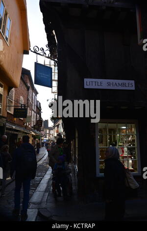 Stretta strada acciottolata di negozi, York, Regno Unito Foto Stock