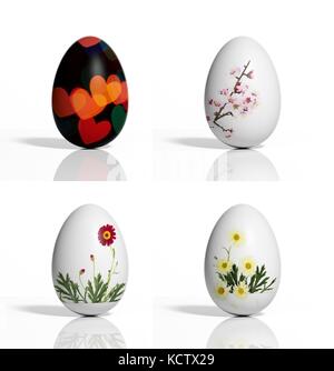 Quattro uova con fiori e cuori isolati su bianco Foto Stock