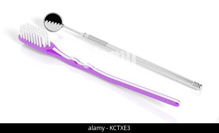 Spazzolino e specchio dentale isolato su bianco Foto Stock