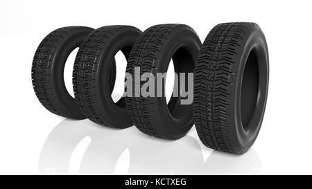 Gruppo di pneumatici neri isolati su sfondo bianco Foto Stock